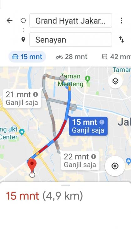 Jarak Senayan ke Grand Hyatt (Google Maps)