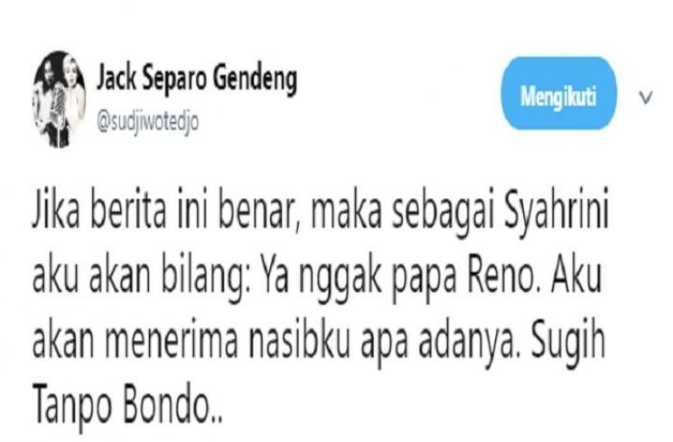 Cuitan Sudjiwo Tedjo soal mahar Syahrini dan Reino Barack (Twitter @sudjiwotedjo)