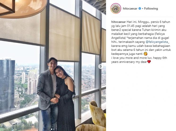 Hito Caesar dan Felicya Angelista merayakan enam tahun anniversary. (Instagram/@hitocaesar)
