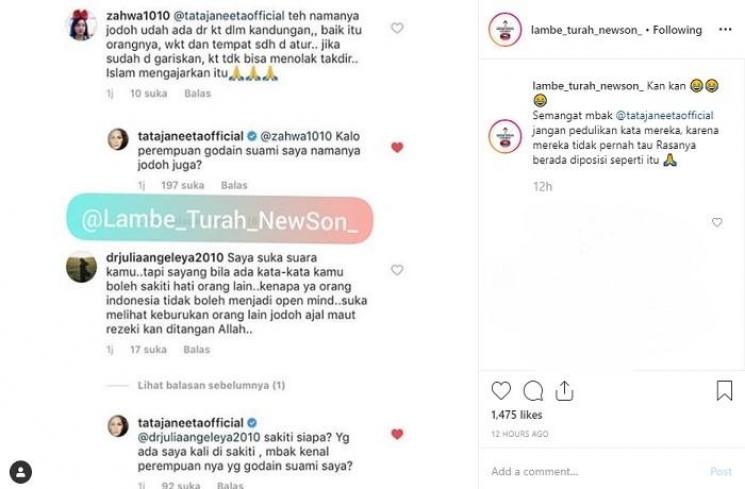 Komentar atas unggahan Tata Janeeta (Instagram @lambe_turah_newson_)
