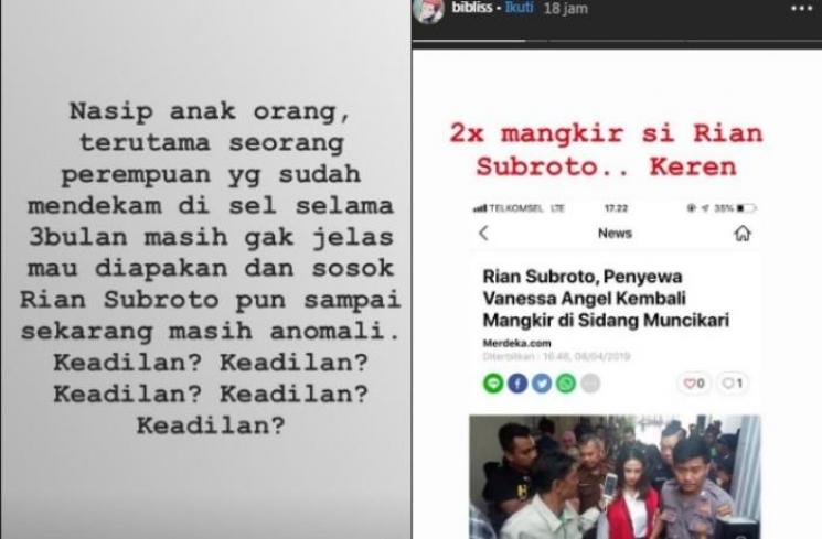 Unggahan eks pacar Vanessa Angel (Instagram @bibliss)