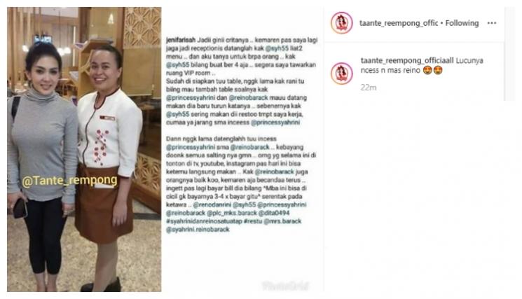 Syahrini dan Reino Barack bercanda mau cicil saat bayar makanan. (Instagram/@taante_reempong_officiaall)