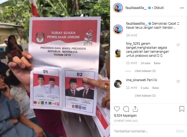 Fauzi Baadilla tunjukkan surat suara tercoblos di akun media sosialnya.