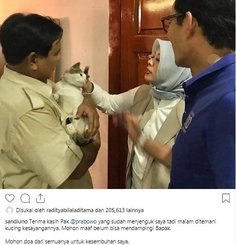 Sandiaga Uno unggah foto Prabowo Subianto saat menjenguknya. [Instagram]