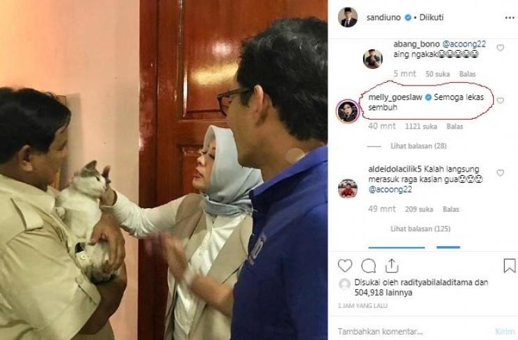Melly Goeslaw mampir di kolom komentar Sandiaga Uno. 