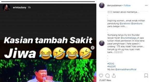 Postingan Erin Taulany yang diduga hina Prabowo Subianto. [Instagram]