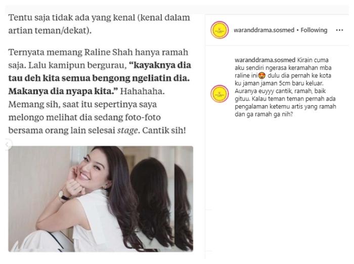 Netizen ungkap sikap ramah Raline Shah. (Instagram/@waranddrama.sosmed)
