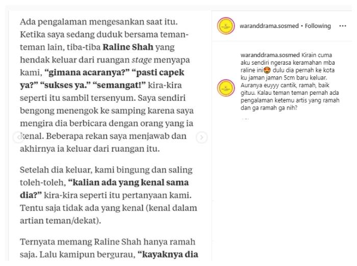Netizen ungkap sikap ramah Raline Shah. (Instagram/@waranddrama.sosmed)