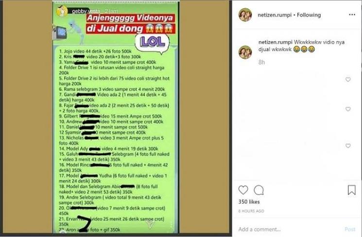 Video artis dan atlet masturbasi diperjualbelikan (Instagram @netizen.rumpi)