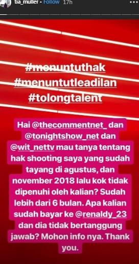 Kakak Adipati Dolken, Tia Muller protes honornya belum dibayar (Instagram/@tia_muller)
