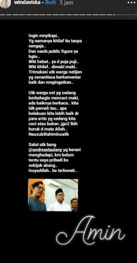 Curhat Winda Viska soal kasus Andre Taulany. [Instagram]