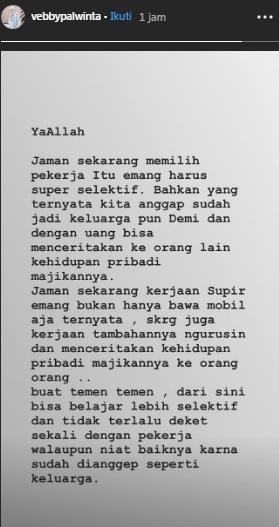 Curhat Vebby Palwinta di media sosial Instagram.