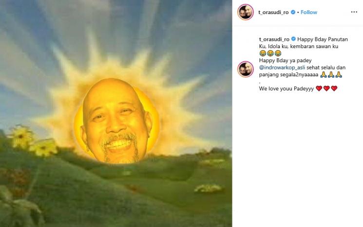 Tora Sudiro edit wajah Indro Warkop jadi matahari Teletubbies (Instagram/@t_orasudi_ro)