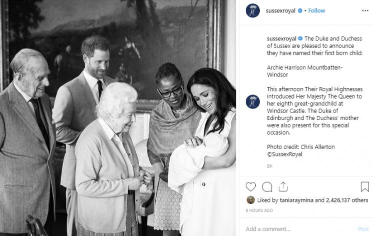 Pangeran Harry dan Meghan Markle umumkan nama putranya, Archie Harrison Mountbatten-Windsor. (Instagram/@sussexroyal)