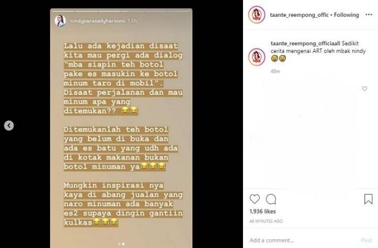 Cerita Nindy Ayunda soal ART (Instagram @taante_reempong_officiaall)