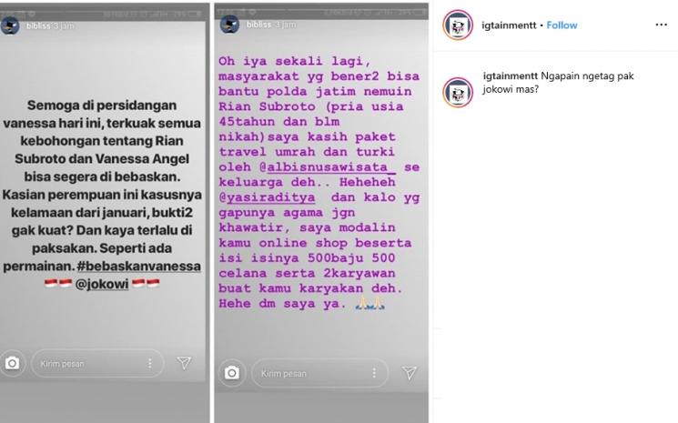 Instastory Bibi Ardiansyah (Instagram/@igtainmentt)