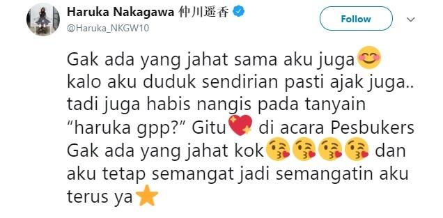 Tweet Haruka Nakagawa atau Haruka eks JKT48. (Twitter/@Haruka_NKGW10)