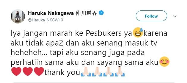 Tweet Haruka Nakagawa atau Haruka eks JKT48. (Twitter/@Haruka_NKGW10)