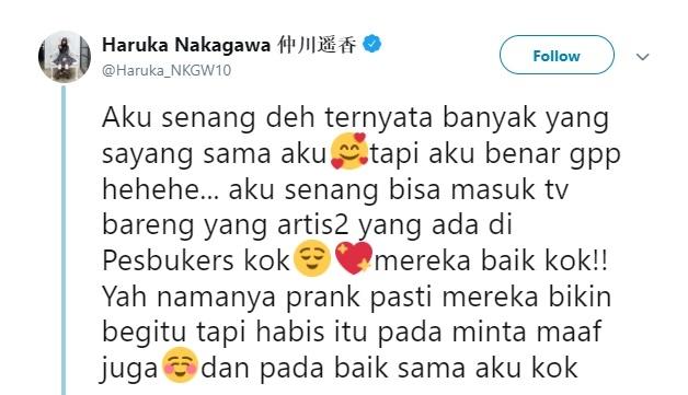Tweet Haruka Nakagawa atau Haruka eks JKT48. (Twitter/@Haruka_NKGW10)