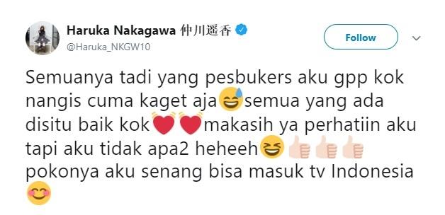 Tweet Haruka Nakagawa atau Haruka eks JKT48. (Twitter/@Haruka_NKGW10)