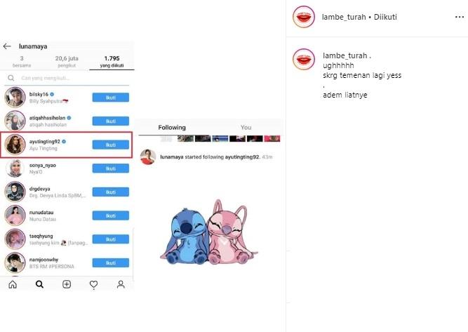 Luna Maya follow Ayu Ting Ting. (Instagram/@Lambe Turah)