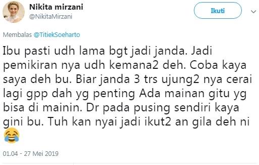 Nikita Mirzani balas cuitan Tititek Soeharto di Twitter.