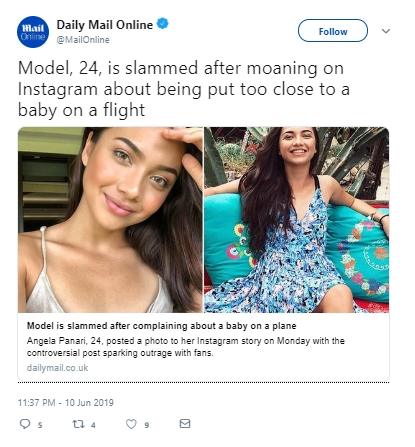Angela Gilsha masuk media luar negeri karena cuitan kesalnya. (Twitter/MailOnline)