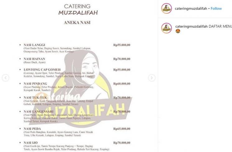 Harga menu makanan katering Muzdalifah (Instagram/@muzdalifah999)