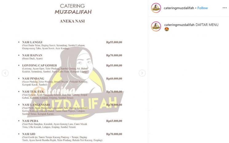 Harga menu makanan katering Muzdalifah (Instagram/@muzdalifah999)