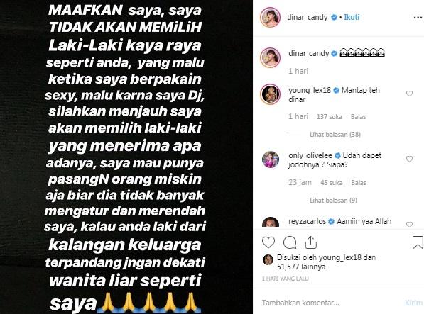 Postingan Dinar Candy soal kriteria lelaki. [Instagram]