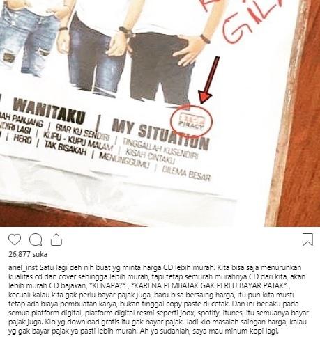 Postingan Ariel NOAH soal pembajakan CD. [Instagram]
