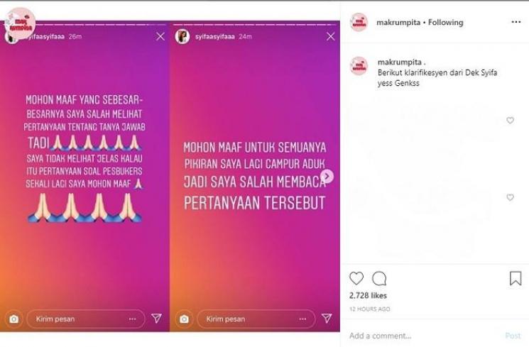 Klarifikasi adik Ayu Ting Ting (Instagram @makrumpita)