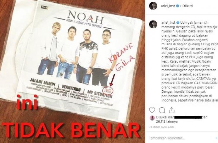 Ariel Noah curhat soal lagunya dijadikan CD bajakan. (Instagram/@ariel_inst)