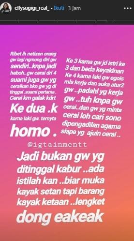 Elly Sugigi curhat soal empat mantan suaminya. [Instagram]