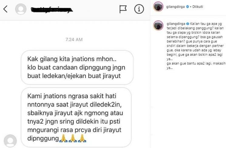 Gilang Dirga jawab labrakan fans Jirayut. (Instagram/@gilangdirga)