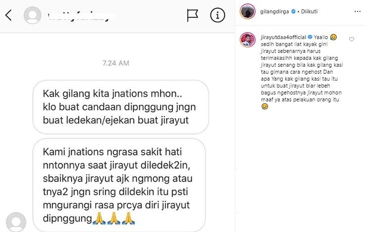 Komentar Jirayut saat Gilang Dirga diserang fans-nya. (Instagram/@gilangdirga)
