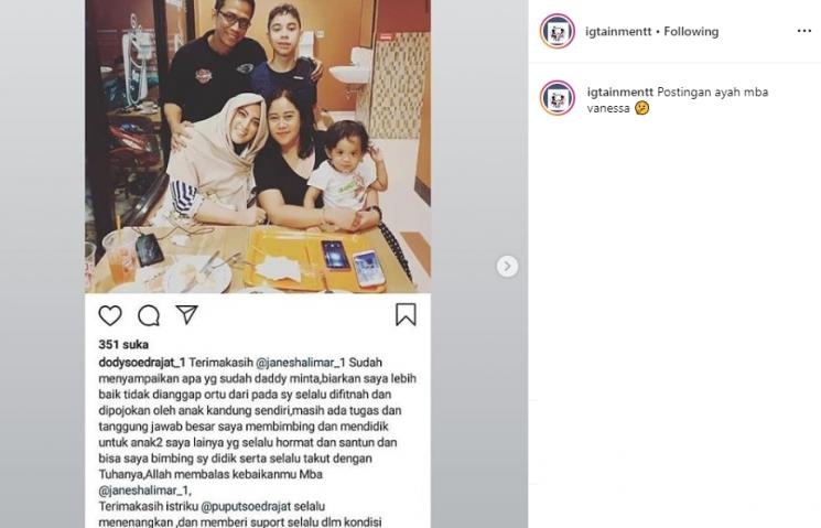 Unggahan Ayah Vanessa Angel (Instagram/@igtainmentt)
