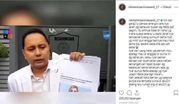 Postingan Nikita Mirzani terkait laporan ijazah palsu Barbie Kumalasari. [Instagram]
