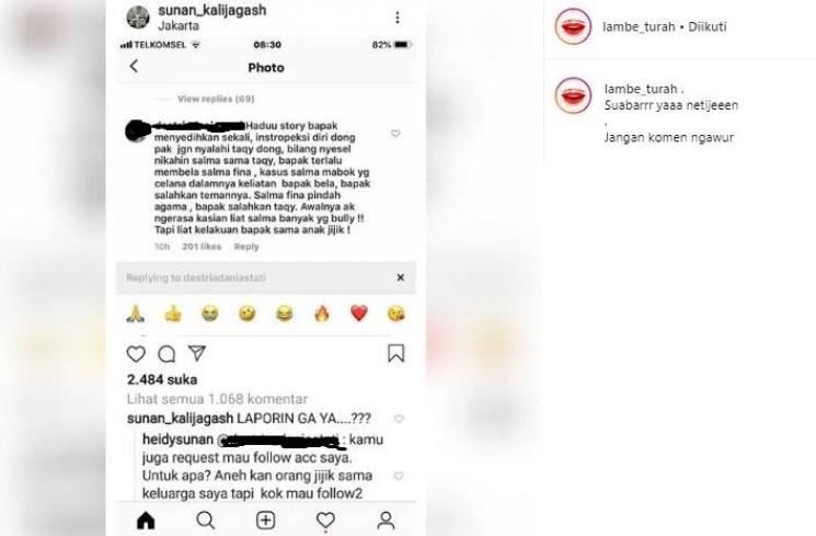 Sunan Kalijaga dan istri tanggapi komentar nyinyir netizen. (Instagram/Lambe Turah)