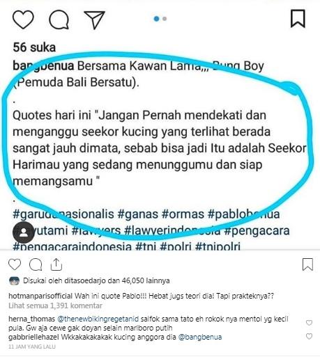 Hotman Paris tanggapi postingan Pablo Benua. [Instagram]