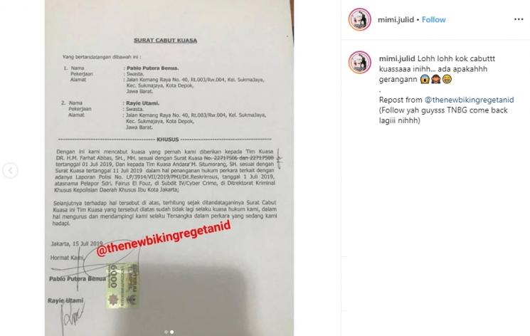 Surat Cabut Kuasa dari Pablo Benua dan Rey Utami (Instagram/@mimi.julid)