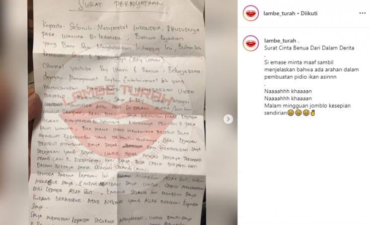 Surat Permintaan Maaf Pablo Benua (Instagram/@lambe_turah)