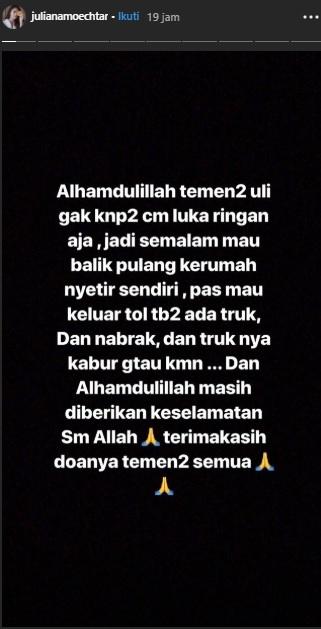 Curhatan Juliana Moechtar kecelakaan. (Instagram/@julianamoechtar)