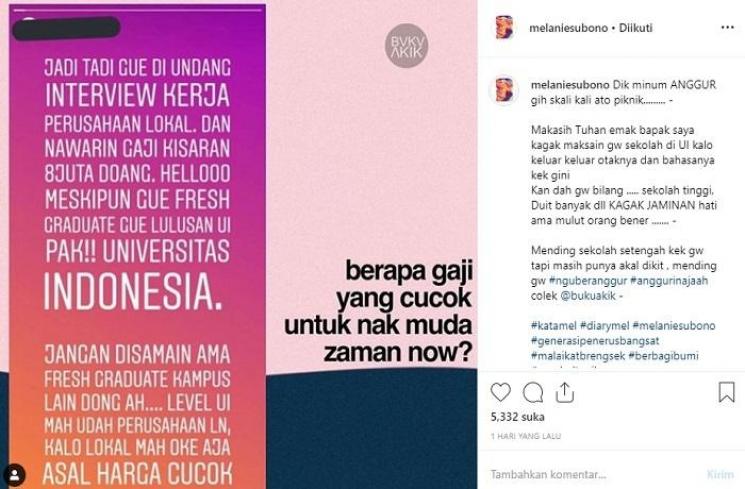 Komentar menohok Melanie Subono soal lulusan UI yang menolak gaji 8 juta (Instagram @melaniesubono)