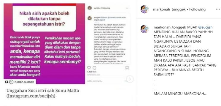 Unggahan Suci istri sah Sunu eks Matta (Instagram/@markonah_tonggek)