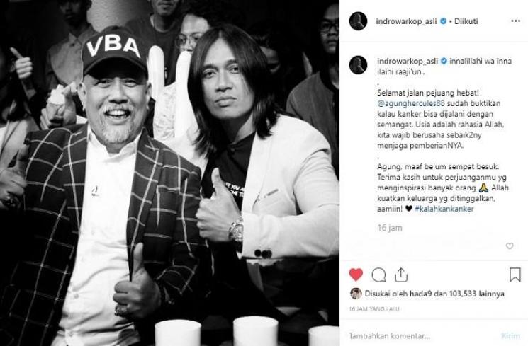 Ucapan belasungkawa sekaligus permintaan maaf Indro Warkop (Instagram @indrowarkop_asli)