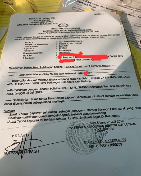 Laporan Hotman Paris di kepolisian Kuta Bali. [Instagram]
