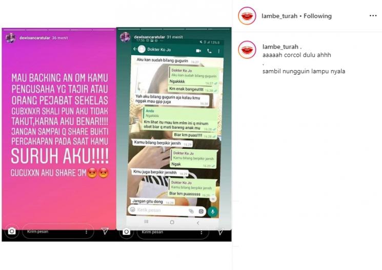 Instastory Dewi Sanca (Instagram/@lambe_turah)