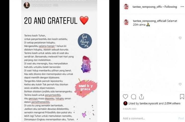 Ucapan syukur Salmafina Sunan di hari ulang tahunnya (Instagram @tantee_rempoong_officiall)