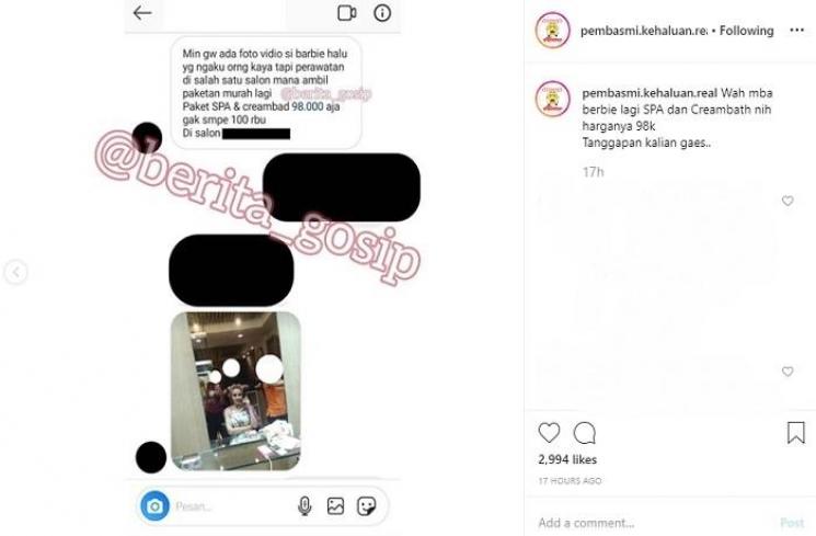 Barbie Kumalasari sedang menjalani perawatan (Instagram @pembasmi.kehaluan.real)